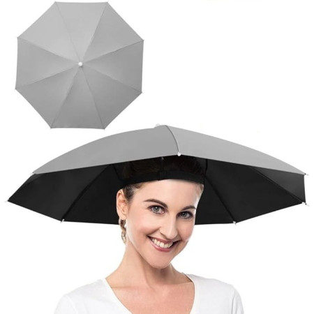 Umbrela de Cap,  Diametru 69 cm, Banda Elastica de Cap, Protectie UV/Ploaie, Gri
