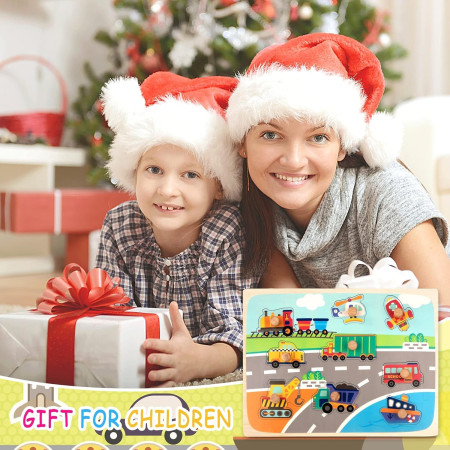 Puzzle Montessori din Lemn pentru Copii, Cyrax, 0-3 Ani, 3D, Model Transporturi, Educativ, Intuitiv, Creativ, 9 Piese, 30x22.5x0.8 cm, Multicolor