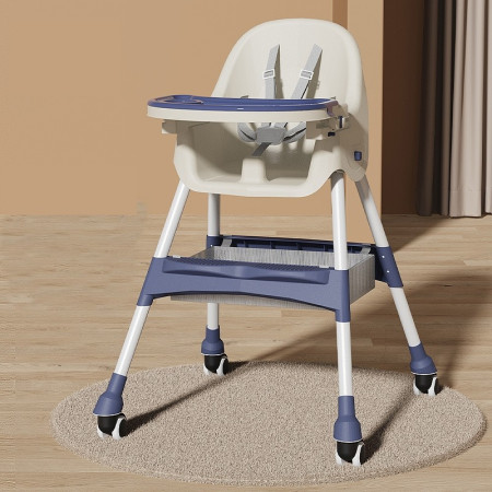 Scaun de masa pentru bebelusi si copii Cyrax, cu roti, telescopic, pliabil, masuta reglabila, suport picioare, scaun invelis piele artificiala, centura siguranta, spatiu depozitare, 97 x 73 x 65 cm, albastru