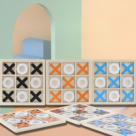 Jucarie Montessori Tic Tac Toe, Cyrax, Educativa, Interactiva, din lemn, X si O, 9 Piese, 14.3x14.3 cm, Negru Alb
