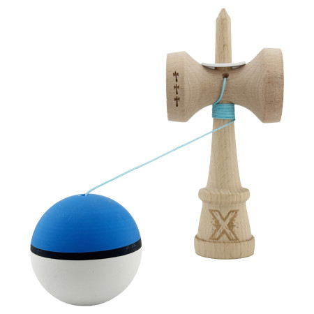 Kendama X Originala, Profesionala, Cyrax, Cupe Mari KING SIZE V3, Rubber Grip, Gaura in Baza, Rulment Metalic, din lemn 18 cm, Ata 62/65 cm, S Bicolor Albastru/Alb