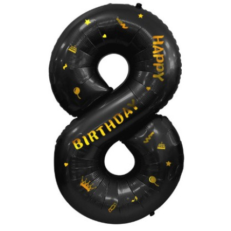 Balon din Folie Metalizata Cyrax, Figurina Cifra, Scris Happy Birthday, Tema Aniversare 100 cm, Ambalaj Individual, Pai inclus, Umflare cu Aer sau Heliu, Negru, Cifra 8