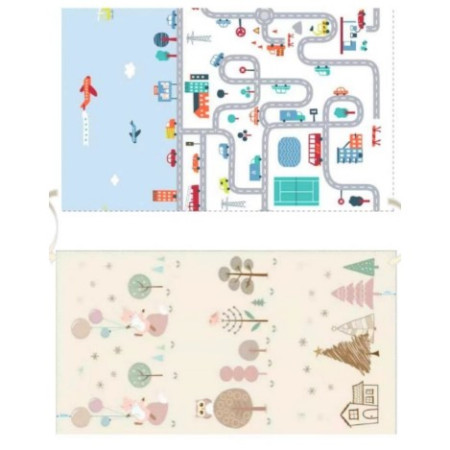 Covoras de Joaca pentru Copii Termic cu 2 Fete, Cyrax, Model Vulpi si Pista de Masini, cu Spuma, Impermeabil, Antiderapant, 200cm x 160cm x 0.6cm