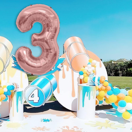 Balon din Folie Metalizata Cyrax, Figurina Cifra, Tema Aniversare 40 cm, Ambalaj Individual, Pai inclus, Umflare cu Aer sau Heliu, Rose Gold, Cifra 3