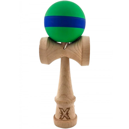 Kendama X Originala, Profesionala, Cyrax, 18 cm, din Lemn, Rubber Grip, Verde/Albastru