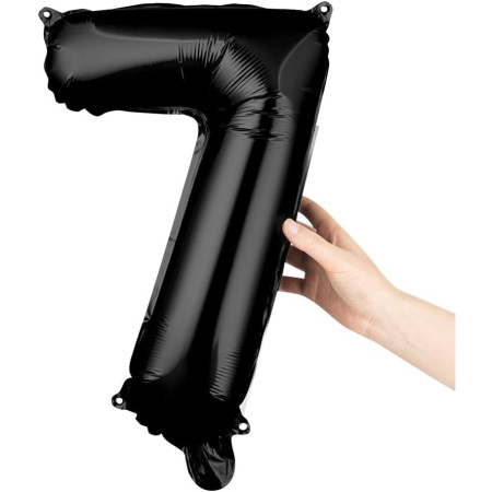 Balon din Folie Metalizata Cyrax, Figurina Cifra, Tema Aniversare 40 cm, Ambalaj Individual, Pai inclus, Umflare cu Aer sau Heliu, Negru, Cifra 7