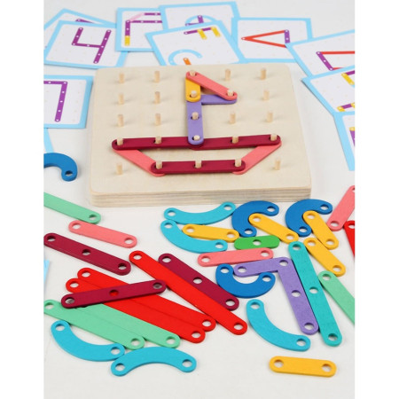 Jucarie Montessori Pegboard, Cyrax, din Lemn, Tip Puzzle, Forme, Litere, Educativ, 17.8 x 17.8 x 1.5 cm, Multicolor