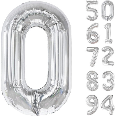 Balon din Folie Metalizata, Cyrax, Figurina Cifra, Tema Aniversare 100 cm, Ambalaj Individual, Pai inclus, Umflare cu Aer sau Heliu, Argintiu, Cifra 0