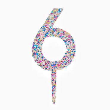Decoratiune Topper pentru Tort, Cyrax, din Acrilic cu Fulgi de Sclipici, Model Cifra 6, Inaltime 18.5 cm, Transparent Multicolor 