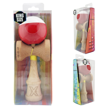 Kendama X Originala, Profesionala, Cyrax, Big Cups V2, Super Sticky cu Cupe Mari, Rulment Metalic, din lemn 18 cm, Ata 55 cm, Alb/Rosu