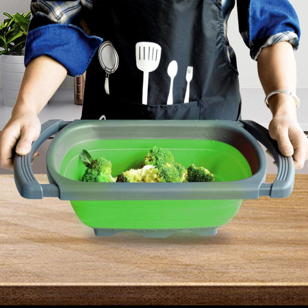 Cos de Scurgere Retractabil pentru Chiuveta, Cyrax, cu Filtru, pentru Fructe si Legume, de Uz Casnic, 39x12 cm, Design Extensibil pana la 61 cm, cu Manere de Prindere, Verde