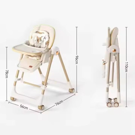 Scaun de Masa 2in1, Cyrax, pentru Copii 6 luni - 4 Ani, Pliabil, cu Roti, Balansoar, Leagan, Reglabil, Tava de Masa Dubla, Centura in 5 Puncte, 96 x 56 x 76 cm, Sampanie