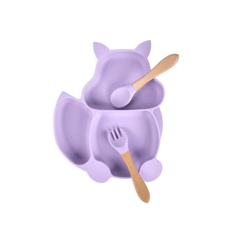 Set 10 piese diversificare bebelusi si copii din silicon Cyrax, baveta, farfurie compartimentata cu ventuza, bol cu ventuza, tacamuri din lemn si silicon, cana pentru gustari, fara alergeni, mov