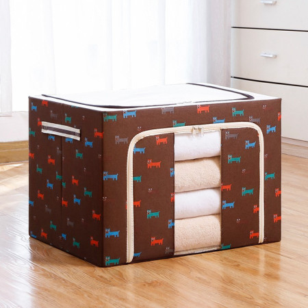 Cutie de Depozitare Pliabila,  cu Fermoar, 100 L, Textil, 60x42x40 cm, O Fereastra, Cadru Metalic, Suport Baza Stabil din Plastic, Imprimeu Catelusi, Maro