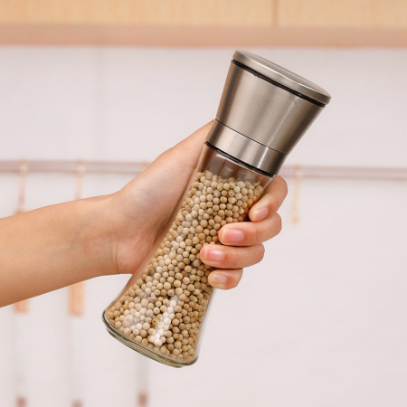Rasnita Manuala pentru boabe, Cyrax, Rasnita pentru Piper Sare Cafea, din Sticla cu Otel inoxidabil, 19.2 x 6.4 cm, volum 200 ml, Transparenta cu Capac din Inox