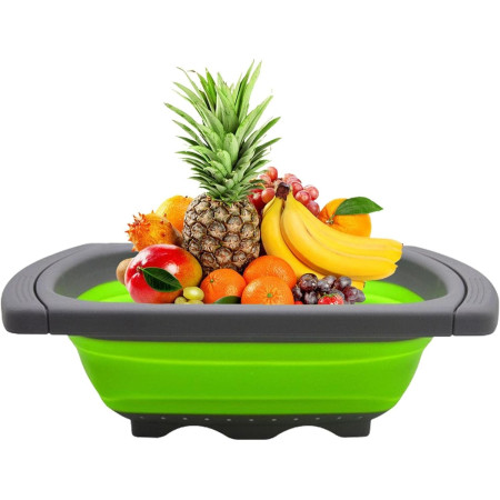 Cos de Scurgere Retractabil pentru Chiuveta, Cyrax, cu Filtru, pentru Fructe si Legume, de Uz Casnic, 39x12 cm, Design Extensibil pana la 61 cm, cu Manere de Prindere, Verde