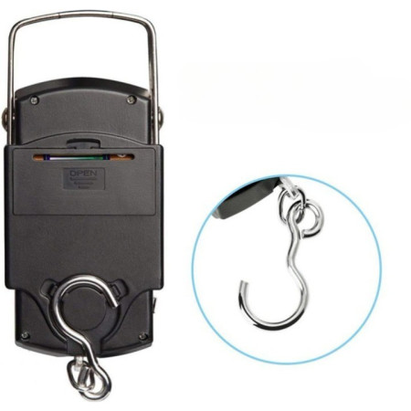 Cantar Digital de Mana cu Carlig, Cyrax, Cantar Portabil, Pescuit, cu Maner, Capacitate 50 kg, cu Metru Incorporat, 20.5 x 6 x 2.5 cm, Negru
