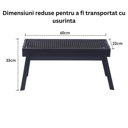 Gratar Portabil, Cyrax, Confectionat din Metal, pentru Picnic, Gradina, Terasa, Camping, Dimensiuni Reduse, 60x22x23 cm, Negru