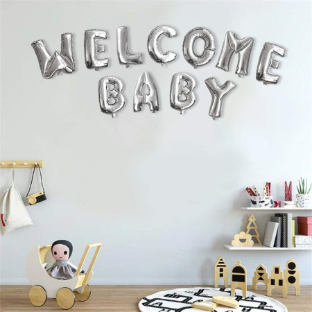 Set Baloane din Folie Metalizata, Cyrax, Figurine Litere, Model Welcome Baby, Tema Aniversare, 40 cm, Ambalaj Individual, Pai inclus, Umflare cu Aer sau Heliu, Argintiu