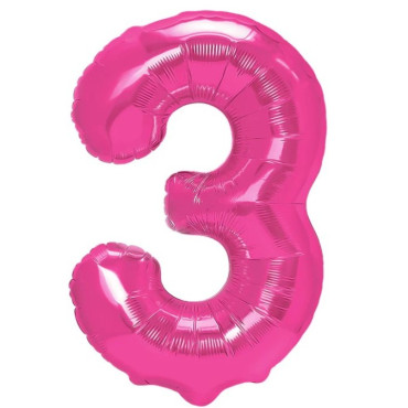 Balon din Folie Metalizata Cyrax, Figurina Cifra, Tema Aniversare 40 cm, Ambalaj Individual, Pai inclus, Umflare cu Aer sau Heliu, Roz, Cifra 3