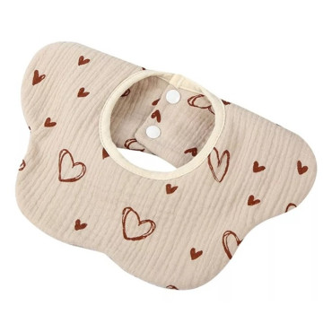 Baveta Tip Floare, Cyrax, din Bumbac, pentru Copii 0-12 Luni, Rezistenta la apa, cu Capse, Model cu Inimioare, 26 x 29 cm, Crem