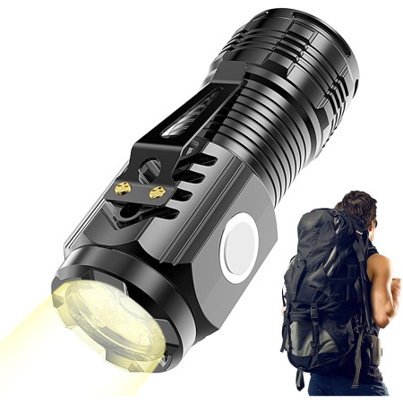 Lanterna cu 3 Nuclee Led,  Incarcare USB, Autonomie 4-20h, Raza Maxima 100-200 m, 5W, 4 x 4 x 9 cm, Suport de Agatat, Fund Magnetic, Negru Galvanizat