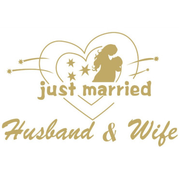 Sticker Autocolant, Cyrax, Tematica Nunta, Model Indragostiti, cu Scris Just Married Husband&Wife, 21x29 cm, Auriu