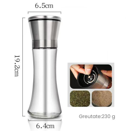 Rasnita Manuala pentru boabe, Cyrax, Rasnita pentru Piper Sare Cafea, din Sticla cu Otel inoxidabil, 19.2 x 6.4 cm, volum 200 ml, Transparenta cu Capac din Inox