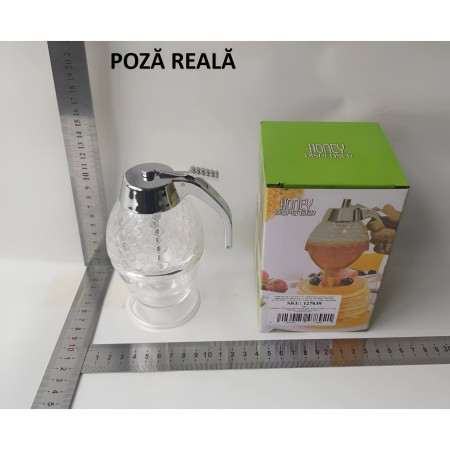 Dozator de Miere, Cyrax, Dispenser fara Picurare, Borcan Tip Fagure, fara Scurgeri, pentru Zahar si Sirop, 15x8 cm, Transparent