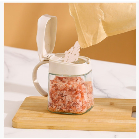 Recipient Condimente, Cyrax, din Stilca, 180 ml, cu Maner si Lingurita, 11.3 x 8.2 cm, Capac Ondulat, Alb