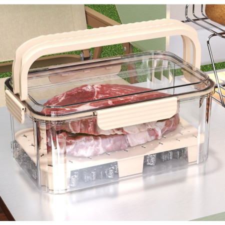 Cutie pentru Depozitare Alimente, Cyrax, de Uz Casnic, 2 Compartimente, Zona pentru Gheata, Mentinere Fresh, cu Maner, Material PET, 23x15x10.8 cm, Bej