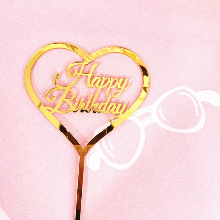 Decoratiune Topper pentru Tort, Cyrax, Model Inimioara Scris Happy Birthday, Tematica Aniversare, Auriu