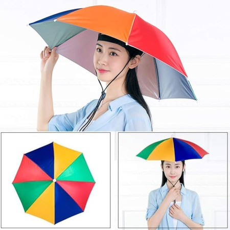 Umbrela de Cap,  Diametru 69 cm, Snur Reglabil de Cap, Protectie UV/Ploaie, Curcubeu