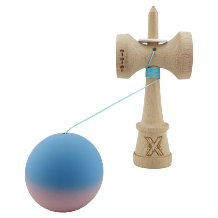 Kendama X Originala, Profesionala, Cyrax, Rubber Grip, Cupe Mari KING SIZE V3, Gaura in Baza, Rulment Metalic, din lemn 18 cm, Ata 62/65 cm, Gradient Albastru/Roz