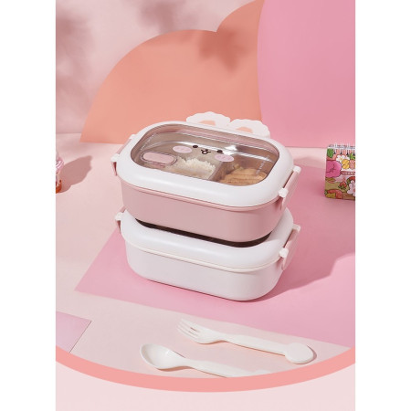 Cutie pentru Pranz sau Gustari, Cyrax, cu Doua Compartimente, Model Iepuras, pentru Copii si Adulti, Etansare, PP, Perfect pentru Scoala si Birou, 1000 mL, 22x17.8x8 cm, Roz