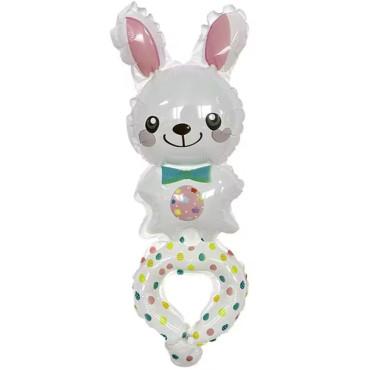 Balon din Folie Metalizata, Cyrax, Figurine Animalute, Tip Bratara, Model Iepuras, Ambalaj Individual, Pai Inclus, Umflare cu Aer sau Heliu, Alb