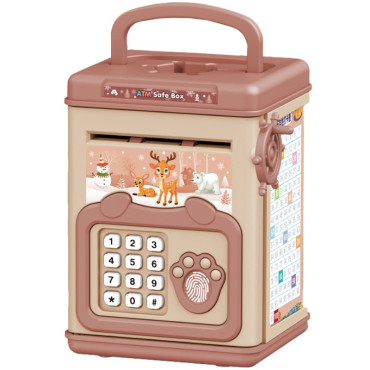 Pusculita pentru Copii, Cyrax, pusculita pentru economii SMART BOX cu efecte sonore, Tip ATM, cu Parola cu Amprenta, din plastic, 20 x 13.5 x 11.5 cm Roz