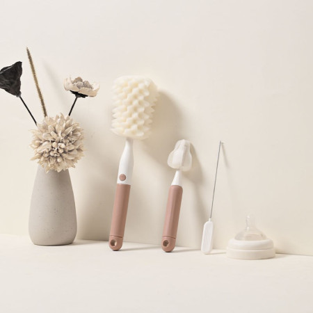 Set 3 Perii de Spalat Biberoane, Cyrax, pentru Tetina, Biberon, Pai, Materiale Sigure, fara BPA, Curatare 360°, Roz