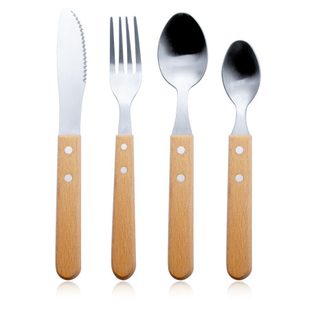 Set 4 tacamuri pentru masa Cyrax, otel 304, lingura, lingurita desert, cutit, furculita, maner din lemn de fag, 20 x 4 x 2 cm, gri