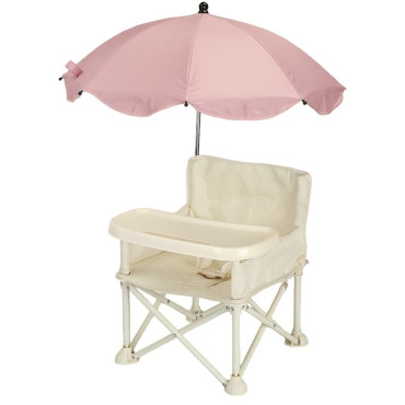 Scaun de Masa pentru Bebelusi si Copii, Cyrax, Tavita si Husa Detasabile, Multifuncțional, Stabil, Centura de Siguranta, Cos de Depozitare, Bej, cu Umbrela Roz, de la 6 Luni