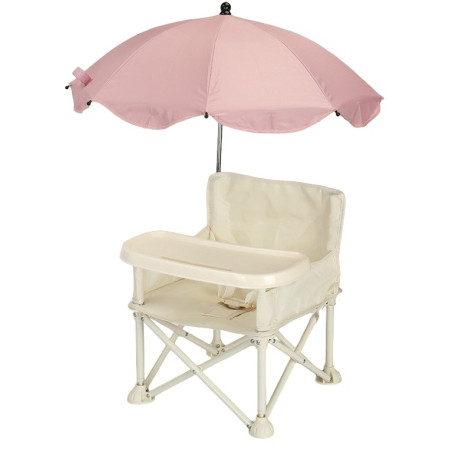 Scaun de Masa pentru Bebelusi si Copii, Cyrax, Tavita si Husa Detasabile, Multifuncțional, Stabil, Centura de Siguranta, Cos de Depozitare, Bej, cu Umbrela Roz, de la 6 Luni