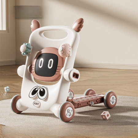 Antemergator pentru Copii 8 in 1, Cyrax, Multifunctional, cu Maner de Impingere Detasabil, Scuter, Trotineta, Scaun Reglabil, Tavita Detasabila, Stabil, Antiderapant, 4 Roti, 56x44x64cm, 9-12 Luni, Maro