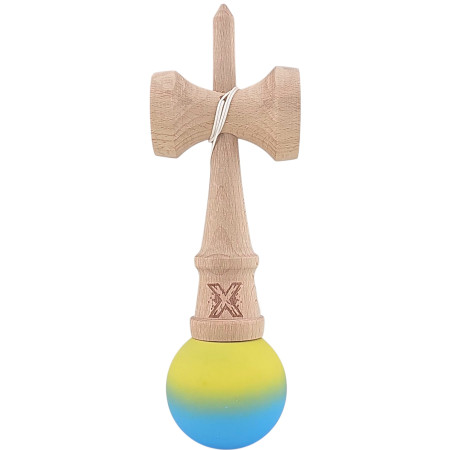 Kendama X Originala, Profesionala, Cyrax, 18 cm, Profesionala, +9 Ani, din Lemn, Gradient Galben/Albastru