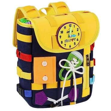 Ghiozdan Montessori, Cyrax, pentru Copii 2-6 ani, Fidget Pop, cu Catarame si Fermoare, Jucarii Senzoriale, Activitate de Invatare prin Joc, Albastru Marin, 0.25 kg, 28x10x23 cm