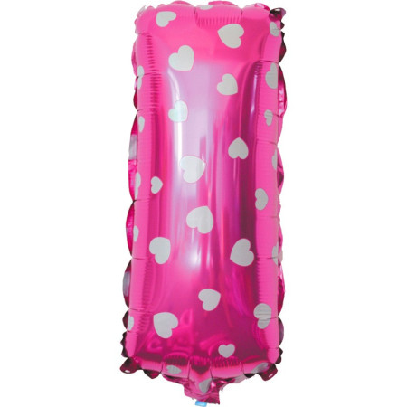 Balon Folie Metalizata Litera I, Cyrax, 40 cm, Cu Imprimeu Inimioare, Umflati cu Heliu sau Aer, Ambalaj Individual, Pai inclus, Roz