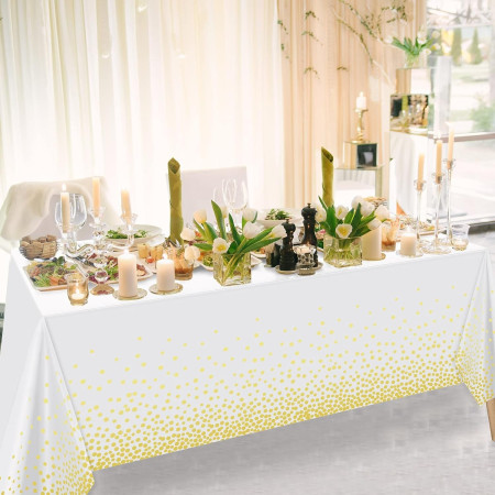 Fata de Masa, Cyrax, din PEVA, Imprimeu Buline, 137 x 274 cm, Impermeabila, Fara Pete, Curatare Rapida, Auriu