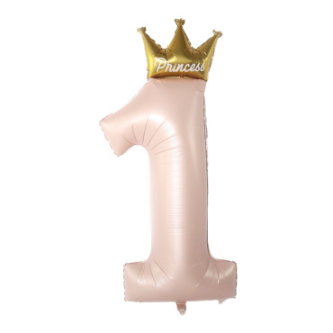 Balon din Folie Metalizata, Cyrax, Figurina Cifra 1, Model Coroana Printesa, 91 cm, Ambalaj Individual, Pai inclus, Umflare cu Aer sau Heliu, Roz