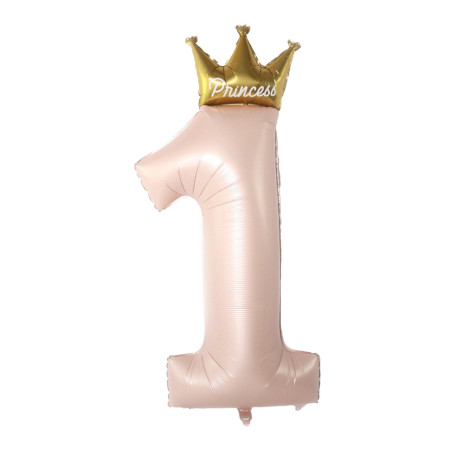 Balon din Folie Metalizata, Cyrax, Figurina Cifra 1, Model Coroana Printesa, 91 cm, Ambalaj Individual, Pai inclus, Umflare cu Aer sau Heliu, Roz