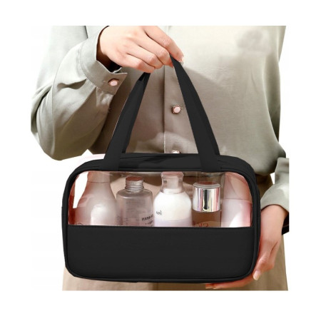 Geanta cosmetice Cyrax, pentru voiaj sau organizare, material PVC/textil, impermeabila, portabila, 26 x 15 x 10 cm, negru