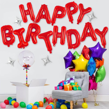 Set Baloane din Folie Metalizata, Cyrax, Model Happy Birthday, Litere de 40 cm, Baloane Party, Ambalaj Individual, Pai, Ata si Adeziv Incluse, Umflare cu Aer sau Heliu, Rosu